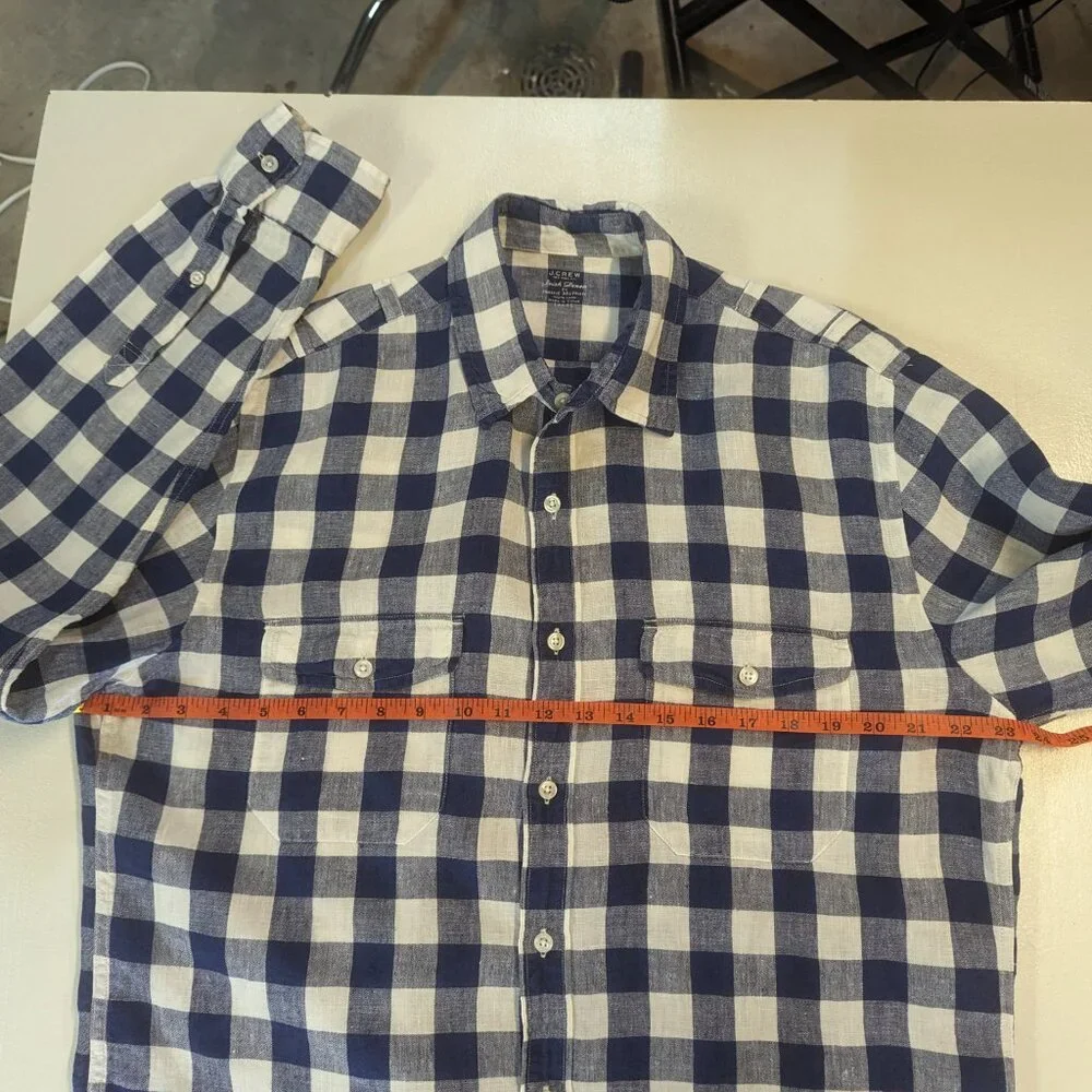 J. Crew Size Large 100% Linen Navy/White Checkered Button Down